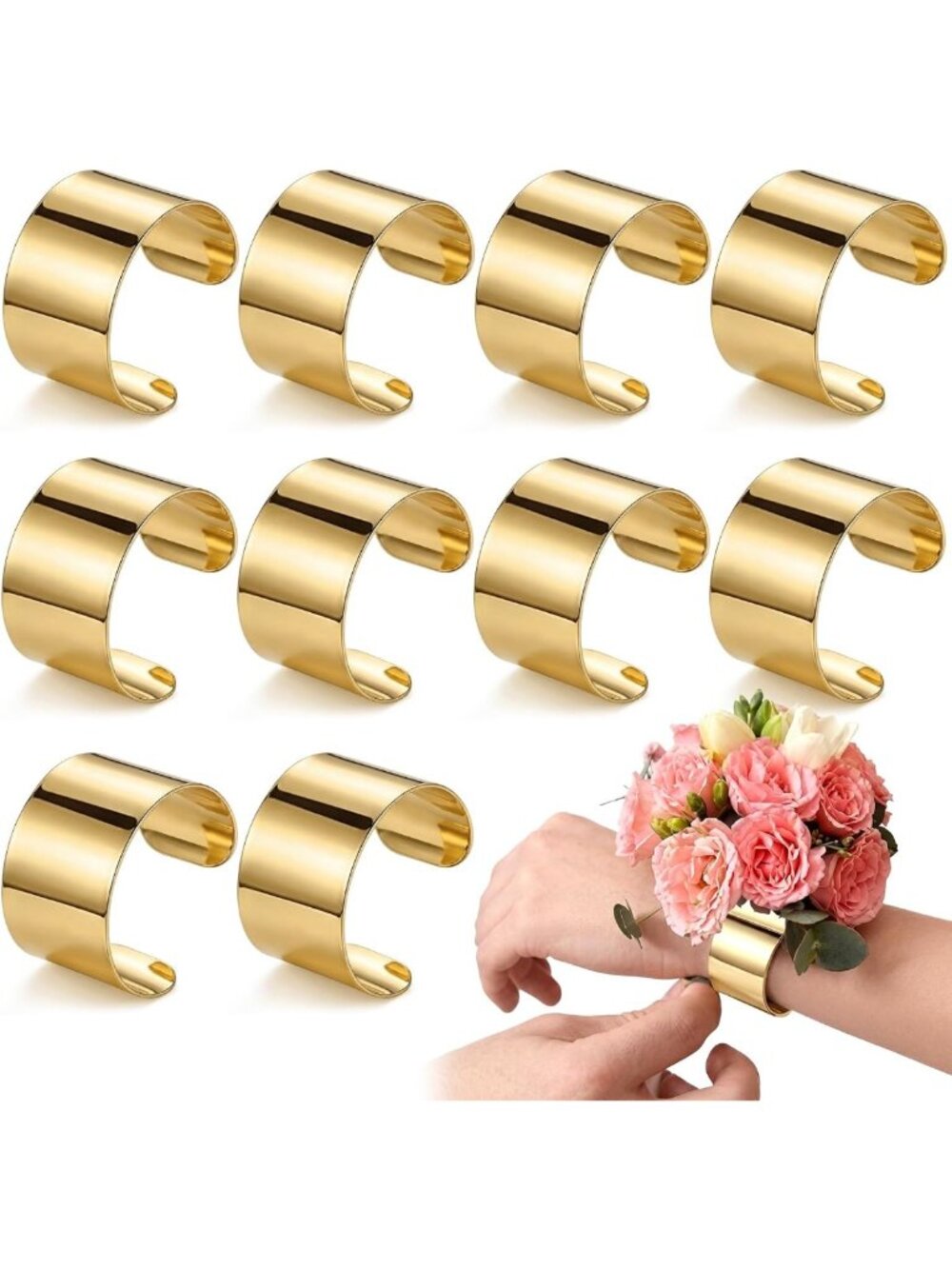 Elegant Gold Corsage Wristlet Bracelet Set - 10 Pcs, 1.6" Cuff for Women